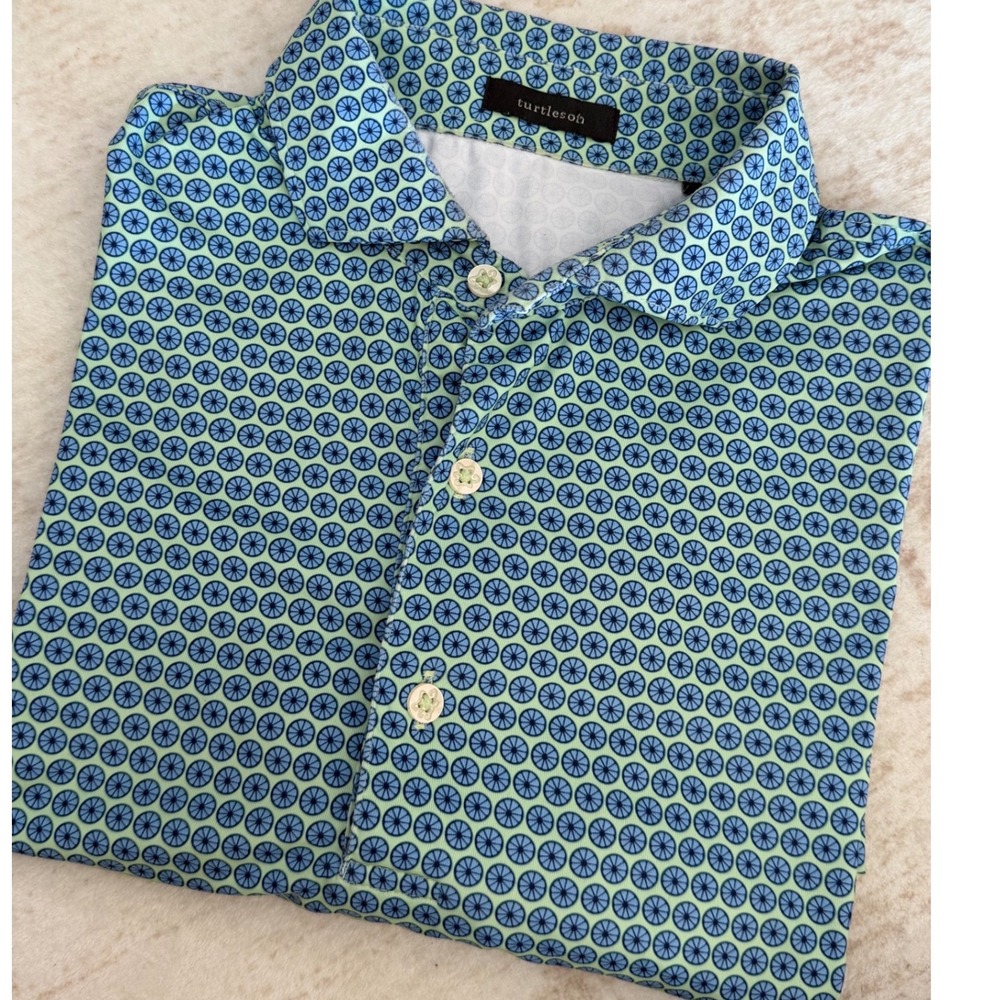 Turtleson Mens Performance Golf Polo Shirt Blue Green Geometric Print Size M - Picture 9 of 9